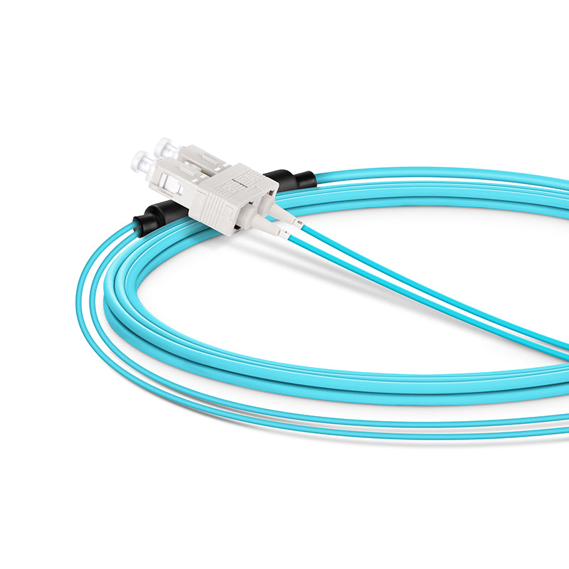 Refurb Squared 3m (10ft) Fiber Patch Cable, 2 Fibers, LC UPC Duplex Standard Clip Uniboot to SC UPC Duplex, Multimode (OM4), Riser (OFNR), 2.0/0.9mm, Aqua