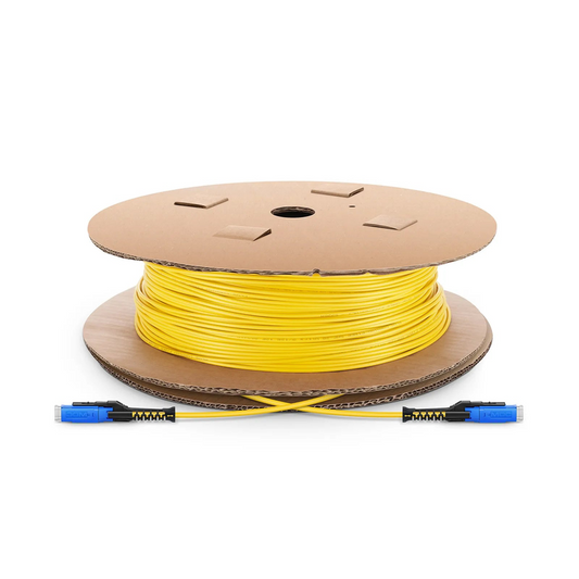 Refurb Squared 100m (328ft) Fiber Patch Cable, 2 Fibers, MDC UPC Duplex to MDC UPC Duplex Uniboot, Single Mode (OS2), Riser (OFNR), 2.0mm, Yellow, for 100/400/800G Network Connection