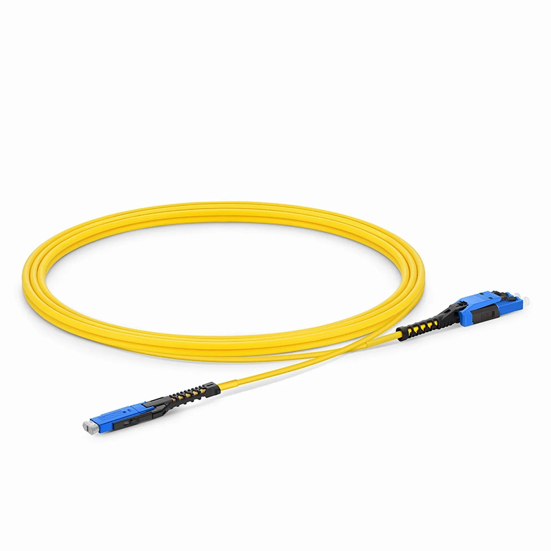 Refurb Squared 2m (7ft) Fiber Patch Cable, 2 Fibers, MDC UPC Duplex to LC UPC Duplex Flat Clip with Push-Pull Boot Uniboot, Single Mode (OS2), Riser (OFNR), 2.0mm, Yellow, for 100/400/800G Network Connection