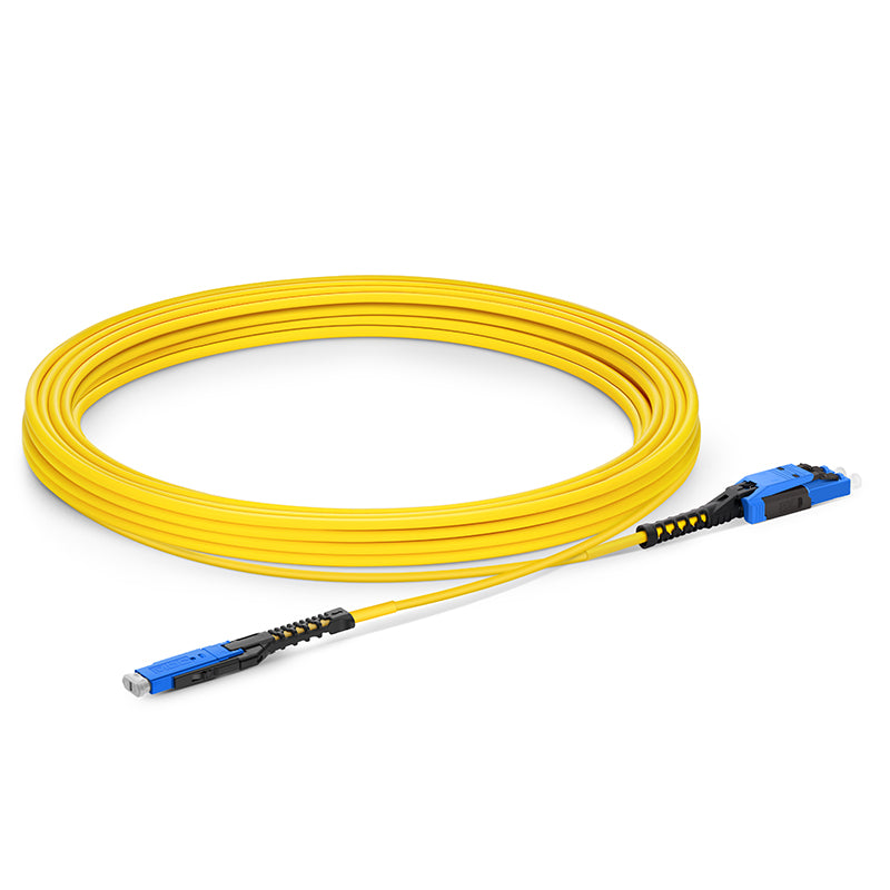 Refurb Squared 5m (16ft) Fiber Patch Cable, 2 Fibers, MDC UPC Duplex to LC UPC Duplex Flat Clip with Push-Pull Boot Uniboot, Single Mode (OS2), Riser (OFNR), 2.0mm, Yellow, for 100/400/800G Network Connection