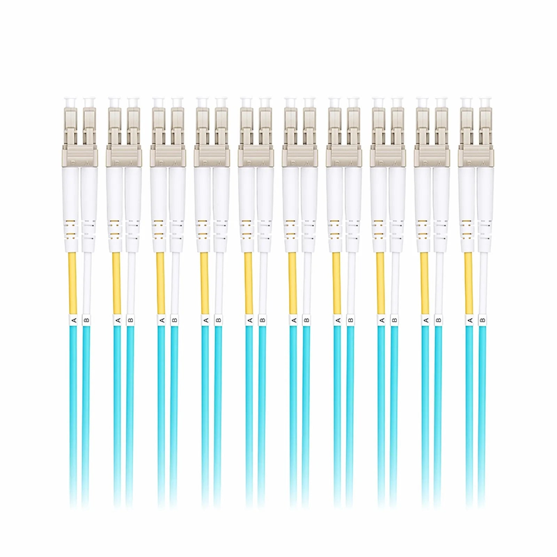 Refurb Squared 3m (10ft) Fiber Patch Cable, 2 Fibers, LC UPC Duplex to LC UPC Duplex, Multimode (OM3), Riser (OFNR), 2.0mm, Tight-Buffered, Aqua, 10 Pcs/Pack
