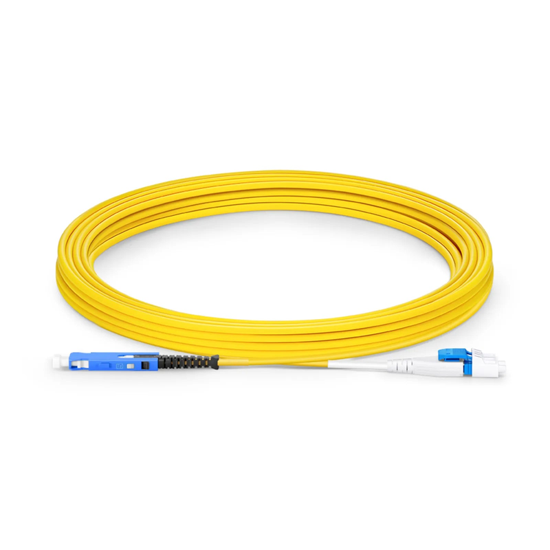 Refurb Squared 5m (16ft) Fiber Patch Cable, 2 Fibers, SN UPC Duplex to LC UPC Duplex Flat Clip Uniboot, Single Mode (OS2), Riser (OFNR), 1.6mm, Yellow, for 400G Network Connection