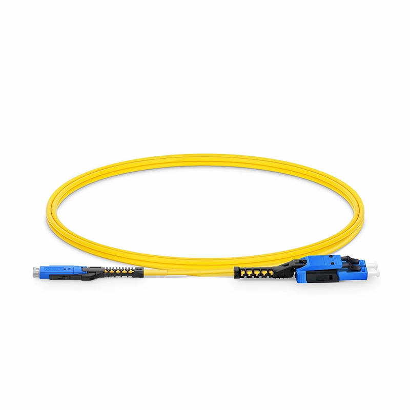 Refurb Squared 1m (3ft) Fiber Patch Cable, 2 Fibers, MDC UPC Duplex to LC UPC Duplex Flat Clip with Push-Pull Boot Uniboot, Single Mode (OS2), Riser (OFNR), 2.0mm, Yellow, for 100/400/800G Network Connection