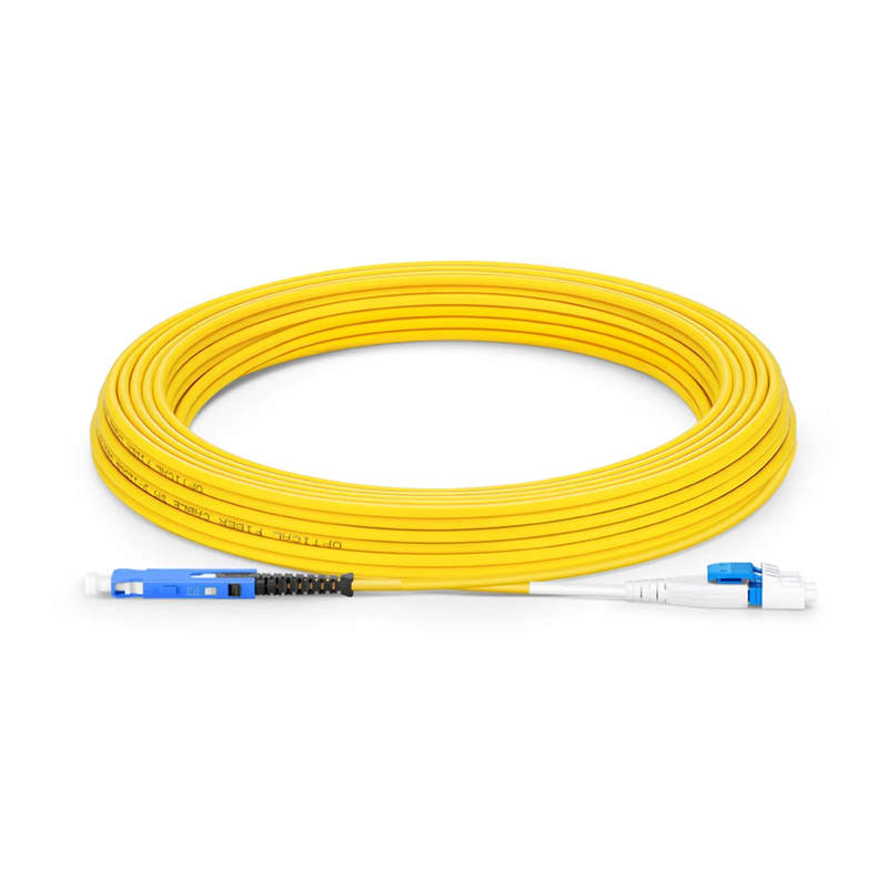 Refurb Squared 10m (33ft) Fiber Patch Cable, 2 Fibers, SN UPC Duplex to LC UPC Duplex Flat Clip Uniboot, Single Mode (OS2), Riser (OFNR), 1.6mm, Yellow, for 400G Network Connection