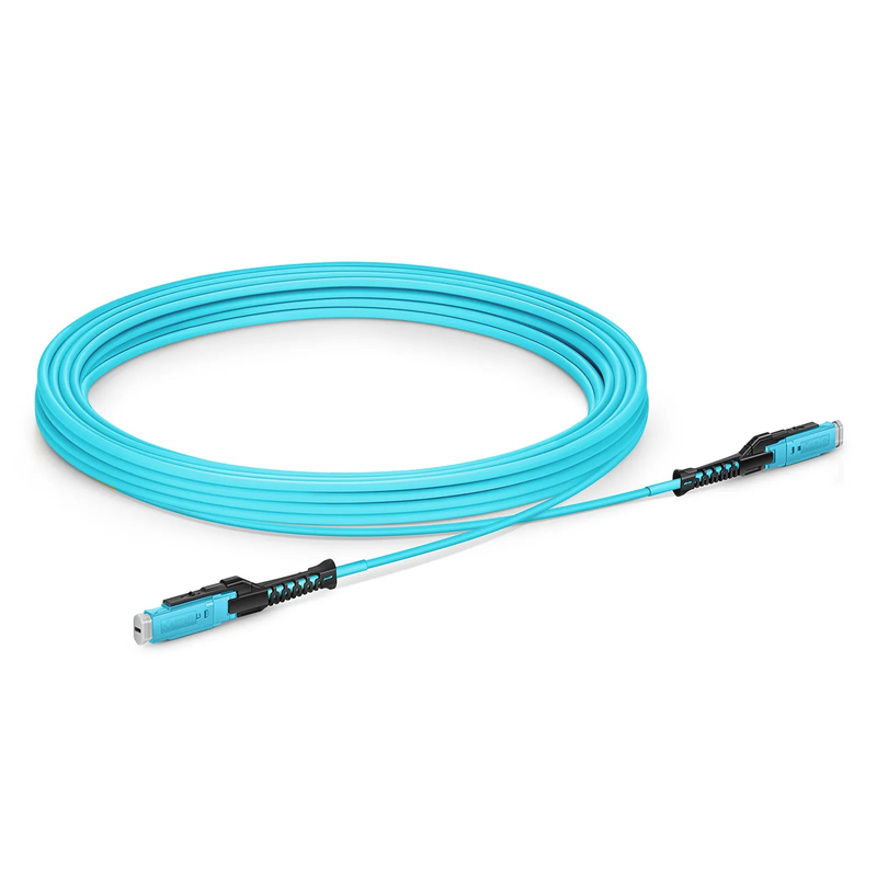 Refurb Squared 5m (16ft) Fiber Patch Cable, 2 Fibers, MDC UPC Duplex to MDC UPC Duplex Uniboot, Multimode (OM4), Riser (OFNR), 2.0mm, Aqua, for 100/400/800G Network Connection