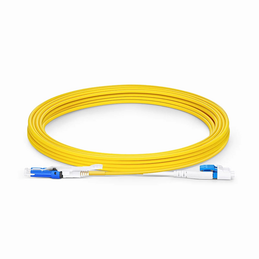 Refurb Squared 5m (16ft) Fiber Patch Cable, 2 Fibers, CSA UPC Duplex to LC UPC Duplex Flat Clip Uniboot, Single Mode (OS2), Riser (OFNR), 2.0mm, Yellow, for 200/400G Network Connection