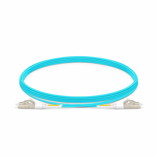 Refurb Squared 5m (16ft) Fiber Patch Cable, 2 Fibers, LC UPC Duplex to LC UPC Duplex, Multimode (OM4), Riser (OFNR), 1.2mm, Tight-Buffered, Aqua