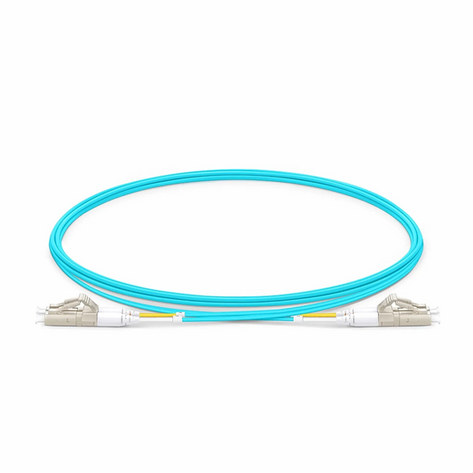 Refurb Squared 2m (7ft) Fiber Patch Cable, 2 Fibers, LC UPC Duplex to LC UPC Duplex, Multimode (OM4), Riser (OFNR), 1.2mm, Tight-Buffered, Aqua