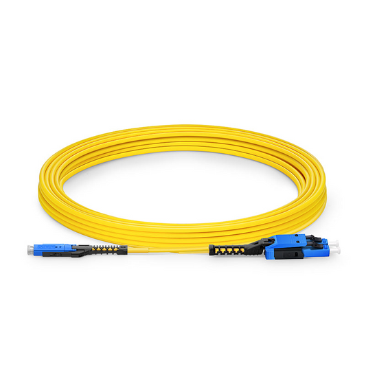 Refurb Squared 5m (16ft) Fiber Patch Cable, 2 Fibers, MDC UPC Duplex to LC UPC Duplex Flat Clip with Push-Pull Boot Uniboot, Single Mode (OS2), Riser (OFNR), 2.0mm, Yellow, for 100/400/800G Network Connection