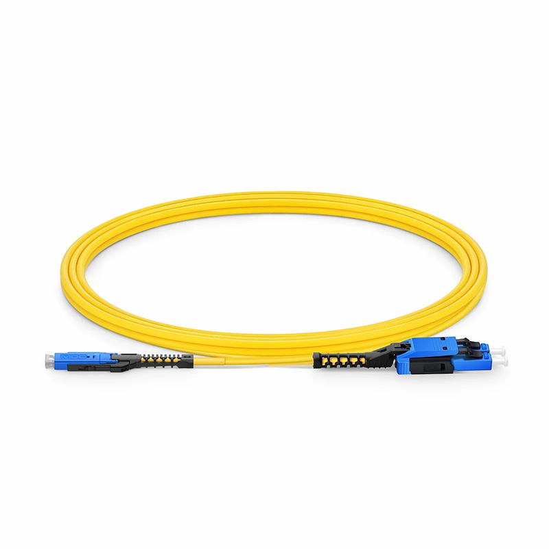 Refurb Squared 2m (7ft) Fiber Patch Cable, 2 Fibers, MDC UPC Duplex to LC UPC Duplex Flat Clip with Push-Pull Boot Uniboot, Single Mode (OS2), Riser (OFNR), 2.0mm, Yellow, for 100/400/800G Network Connection