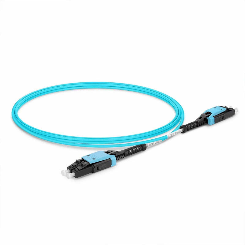 Refurb Squared 1m (3ft) Fiber Patch Cable, 2 Fibers, LC UPC Duplex to LC UPC Duplex Flat Clip with Push-Pull Boot Uniboot, Multimode (OM4), Riser (OFNR), 2.0mm, Aqua