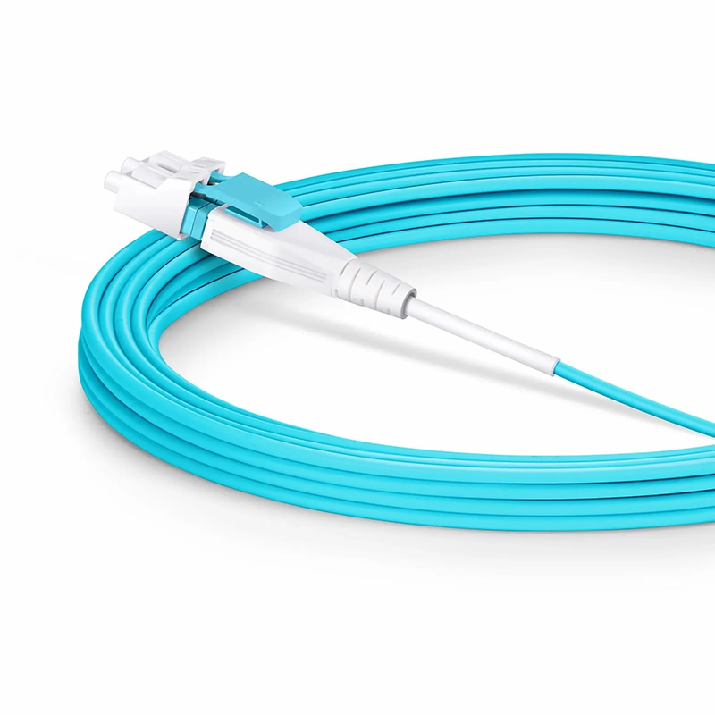 Refurb Squared 5m (16ft) Fiber Patch Cable, 2 Fibers, LC UPC Duplex to LC UPC Duplex Flat Clip Uniboot, Multimode (OM4), Riser (OFNR), 2.0mm, Aqua