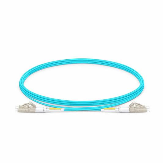 Refurb Squared 3m (10ft) Fiber Patch Cable, 2 Fibers, LC UPC Duplex to LC UPC Duplex, Multimode (OM4), Riser (OFNR), 1.2mm, Tight-Buffered, Aqua