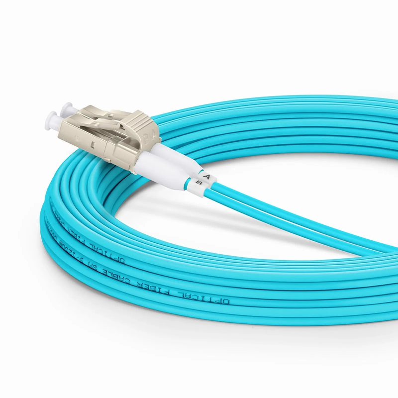 Refurb Squared 5m (16ft) Fiber Patch Cable, 2 Fibers, Short Boot, LC UPC Duplex to LC UPC Duplex, Multimode (OM3), Riser (OFNR), 2.0mm, Tight-Buffered, Aqua