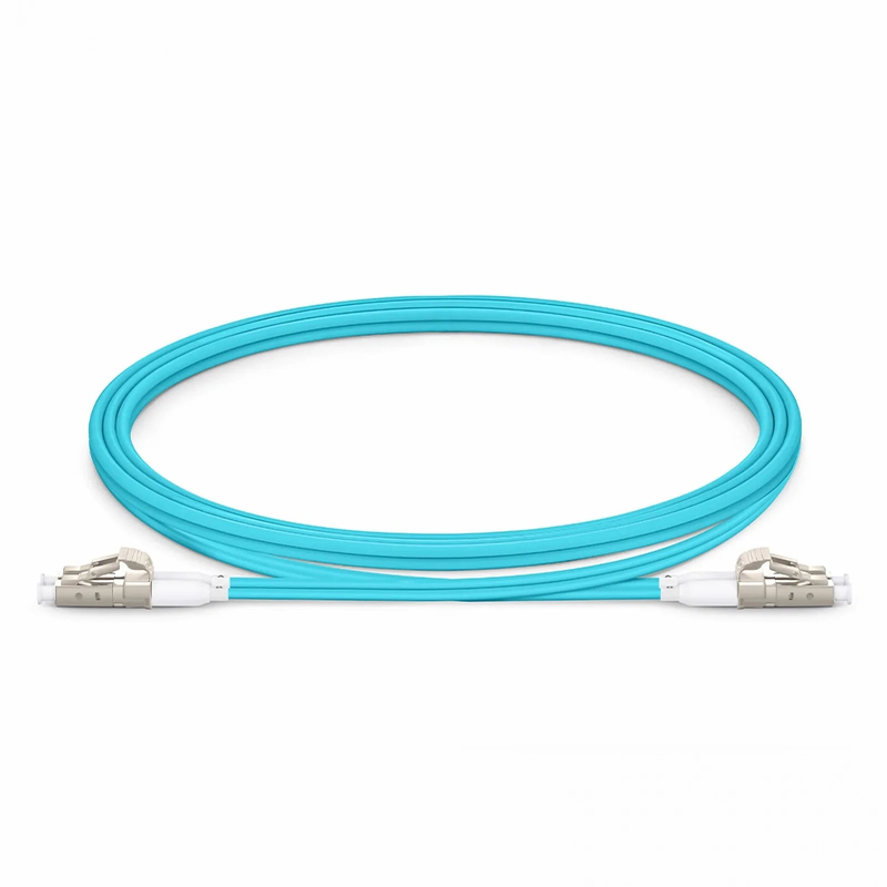 Refurb Squared 1m (3ft) Fiber Patch Cable, 2 Fibers, Short Boot, LC UPC Duplex to LC UPC Duplex, Multimode (OM3), Riser (OFNR), 2.0mm, Tight-Buffered, Aqua
