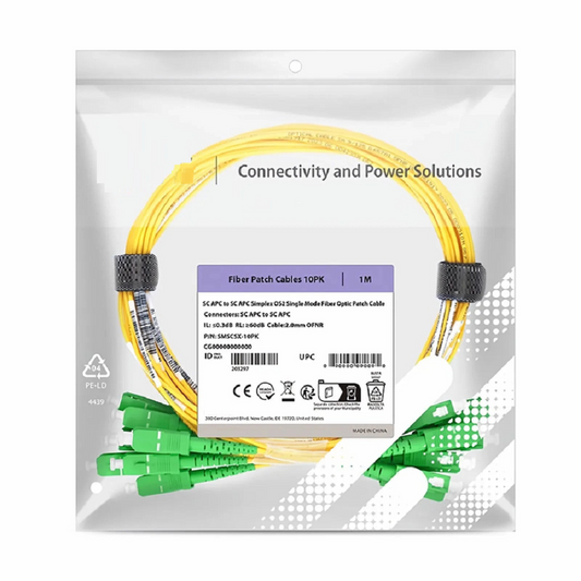 Refurb Squared 1m (3ft) Fiber Patch Cable, 1 Fiber, SC APC Simplex to SC APC Simplex, Single Mode (OS2), Riser (OFNR), 2.0mm, Tight-Buffered, Yellow, 10 Pcs/Pack