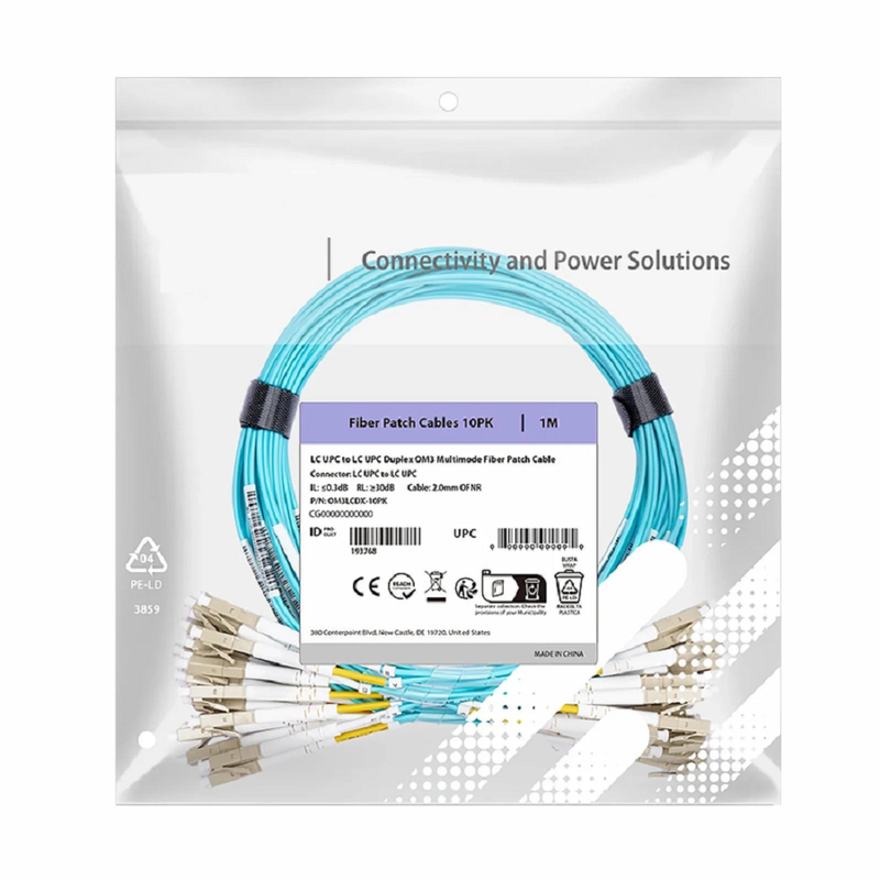 Refurb Squared 1m (3ft) Fiber Patch Cable, 2 Fibers, LC UPC Duplex to LC UPC Duplex, Multimode (OM3), Riser (OFNR), 2.0mm, Tight-Buffered, Aqua, 10 Pcs/Pack
