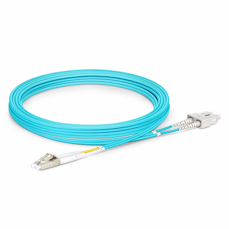 Refurb Squared 3m (10ft) Fiber Patch Cable, 2 Fibers, LC UPC Duplex to SC UPC Duplex, Multimode (OM3), Riser (OFNR), 2.0mm, Tight-Buffered, Aqua