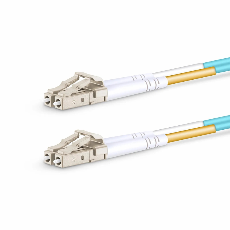 Refurb Squared 0.3m (0.98ft) Fiber Patch Cable, 2 Fibers, LC UPC Duplex to LC UPC Duplex, Multimode (OM3), Riser (OFNR), 2.0mm, Tight-Buffered, Aqua