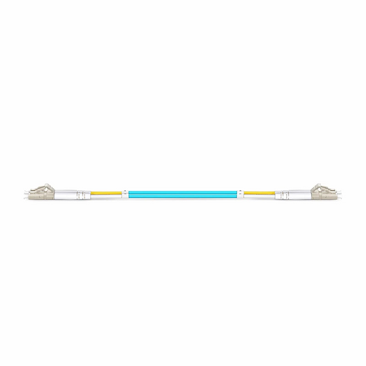 Refurb Squared 0.2m (0.65ft) Fiber Patch Cable, 2 Fibers, LC UPC Duplex to LC UPC Duplex, Multimode (OM3), Riser (OFNR), 2.0mm, Tight-Buffered, Aqua