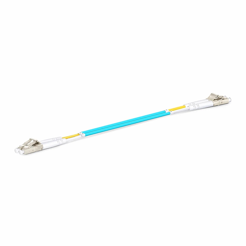 Refurb Squared 0.2m (0.65ft) Fiber Patch Cable, 2 Fibers, LC UPC Duplex to LC UPC Duplex, Multimode (OM3), Riser (OFNR), 2.0mm, Tight-Buffered, Aqua