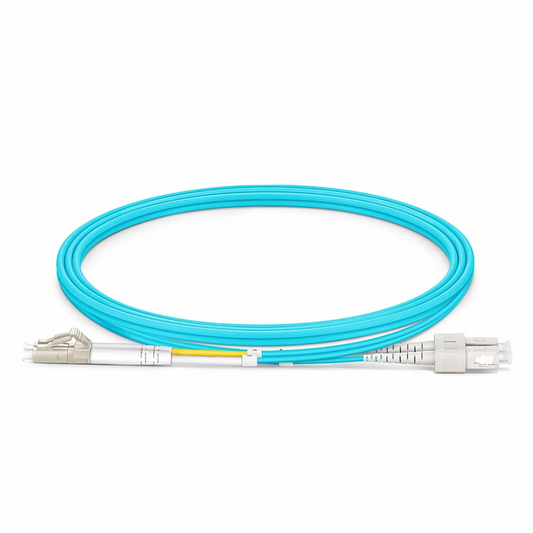Refurb Squared 1m (3ft) Fiber Patch Cable, 2 Fibers, LC UPC Duplex to SC UPC Duplex, Multimode (OM3), Riser (OFNR), 2.0mm, Tight-Buffered, Aqua