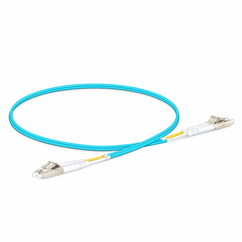 Refurb Squared 0.5m (1.6ft) Fiber Patch Cable, 2 Fibers, LC UPC Duplex to LC UPC Duplex, Multimode (OM3), Riser (OFNR), 2.0mm, Tight-Buffered, Aqua