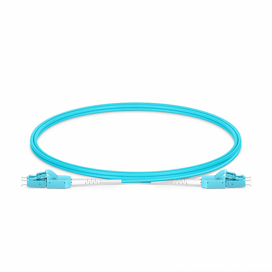 Refurb Squared 1m (3ft) Fiber Patch Cable, 2 Fibers, LC UPC Duplex to LC UPC Duplex Standard Clip Uniboot, Multimode (OM4), Riser (OFNR), 2.0mm, Aqua