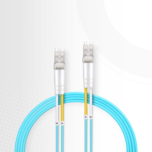 Refurb Squared 1m (3ft) Fiber Patch Cable, 2 Fibers, LC UPC Duplex to LC UPC Duplex, Multimode (OM4), Riser (OFNR), 2.0mm, Tight-Buffered, Aqua, 10 Pcs/Pack
