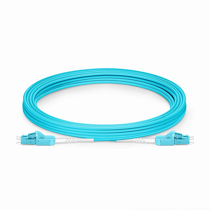 Refurb Squared 5m (16ft) Fiber Patch Cable, 2 Fibers, LC UPC Duplex to LC UPC Duplex Standard Clip Uniboot, Multimode (OM3), Riser (OFNR), 2.0mm, Aqua