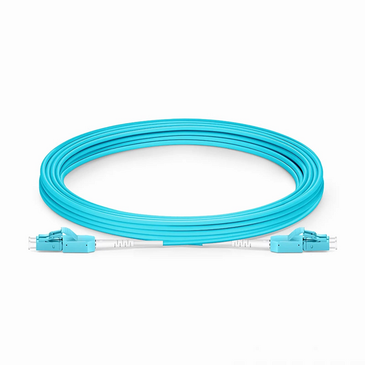 Refurb Squared 5m (16ft) Fiber Patch Cable, 2 Fibers, LC UPC Duplex to LC UPC Duplex Standard Clip Uniboot, Multimode (OM3), Riser (OFNR), 2.0mm, Aqua