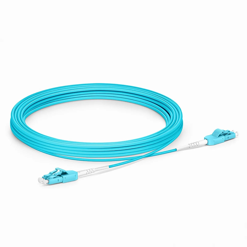 Refurb Squared 5m (16ft) Fiber Patch Cable, 2 Fibers, LC UPC Duplex to LC UPC Duplex Standard Clip Uniboot, Multimode (OM3), Riser (OFNR), 2.0mm, Aqua