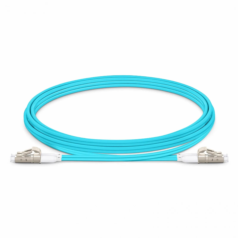 Refurb Squared 2m (7ft) Fiber Patch Cable, 2 Fibers, Short Boot, LC UPC Duplex to LC UPC Duplex, Multimode (OM4), Riser (OFNR), 2.0mm, Tight-Buffered, Aqua