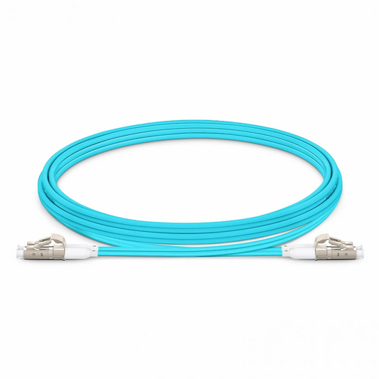 Refurb Squared 2m (7ft) Fiber Patch Cable, 2 Fibers, Short Boot, LC UPC Duplex to LC UPC Duplex, Multimode (OM4), Riser (OFNR), 2.0mm, Tight-Buffered, Aqua