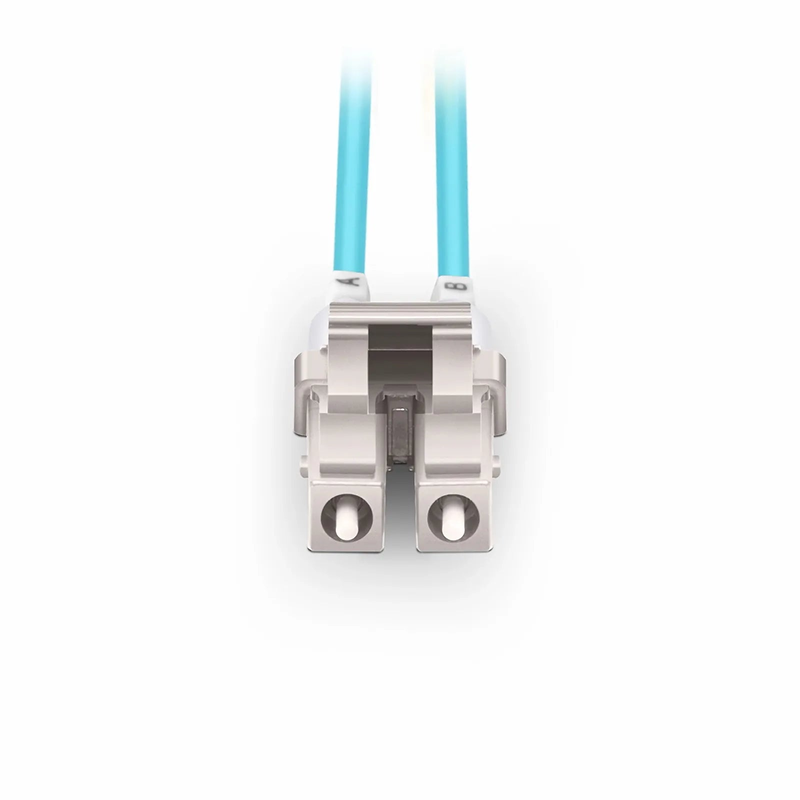 Refurb Squared 2m (7ft) Fiber Patch Cable, 2 Fibers, Short Boot, LC UPC Duplex to LC UPC Duplex, Multimode (OM4), Riser (OFNR), 2.0mm, Tight-Buffered, Aqua