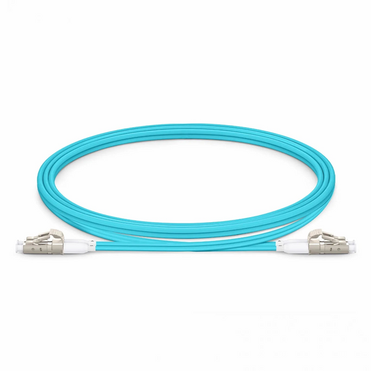 Refurb Squared 1m (3ft) Fiber Patch Cable, 2 Fibers, Short Boot, LC UPC Duplex to LC UPC Duplex, Multimode (OM4), Riser (OFNR), 2.0mm, Tight-Buffered, Aqua