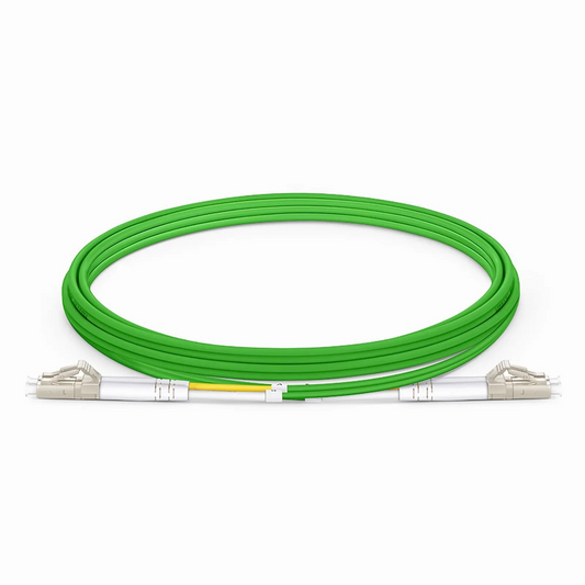 Refurb Squared 2m (7ft) Fiber Patch Cable, 2 Fibers, LC UPC Duplex to LC UPC Duplex, Multimode (OM5), Riser (OFNR), 2.0mm, Tight-Buffered, Lime Green