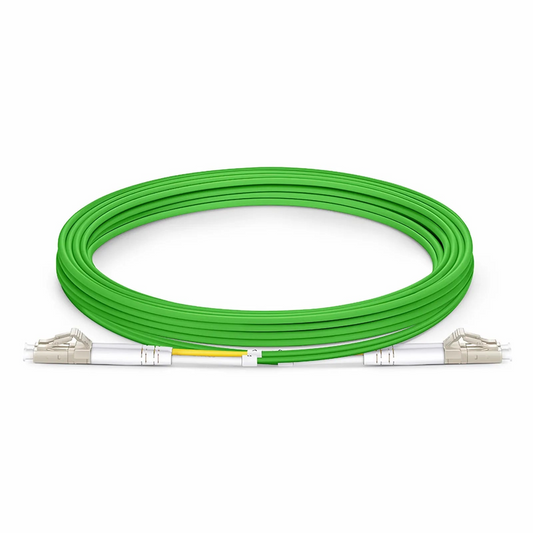 Refurb Squared 3m (10ft) Fiber Patch Cable, 2 Fibers, LC UPC Duplex to LC UPC Duplex, Multimode (OM5), Riser (OFNR), 2.0mm, Tight-Buffered, Lime Green