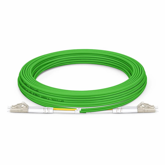 Refurb Squared 10m (33ft) Fiber Patch Cable, 2 Fibers, LC UPC Duplex to LC UPC Duplex, Multimode (OM5), Riser (OFNR), 2.0mm, Tight-Buffered, Lime Green