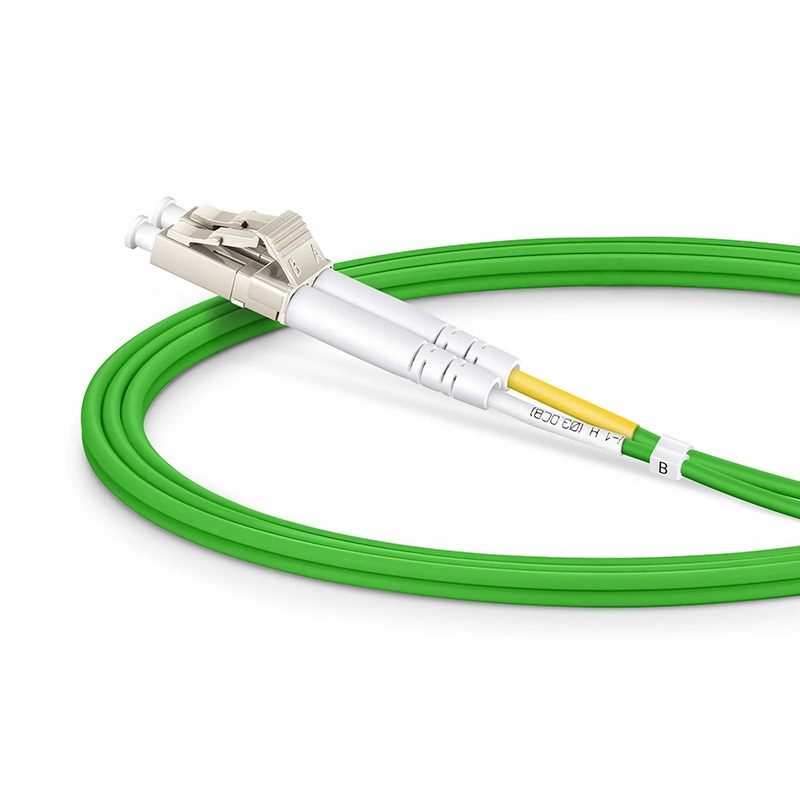 Refurb Squared 1m (3ft) Fiber Patch Cable, 2 Fibers, LC UPC Duplex to LC UPC Duplex, Multimode (OM5), Riser (OFNR), 2.0mm, Tight-Buffered, Lime Green