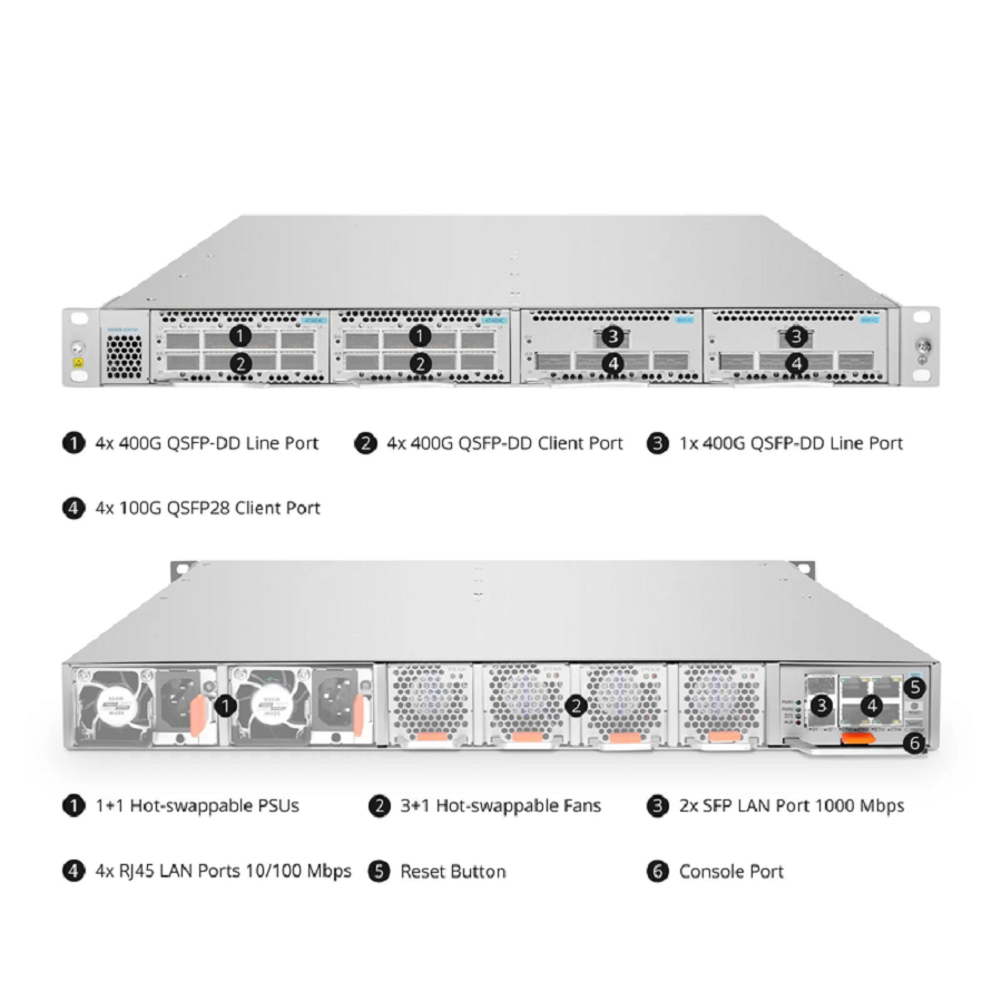 Refurb Squared D6000-CH1U, 4 Slots 1U Unloaded Chassis, Support Single-wavelength 100G/400G, Up to 6.4T Capacity, Redundant AC PSUs, Support AmpCon-T/WebGUI Network Management