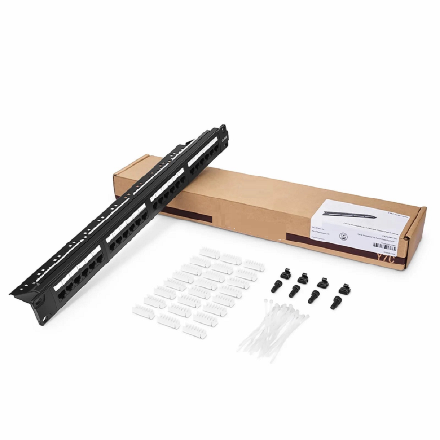 Refurb Squared Cat5e 110-Style Patch Panel, 24-Port, 1RU, Cable Management Bar Included