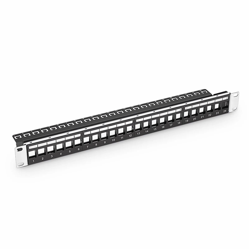 Refurb Squared Blank Shielded/UnShielded Patch Panel for Keystone Modules, 24-Port, 1RU, Cable Management Bar Included, Black