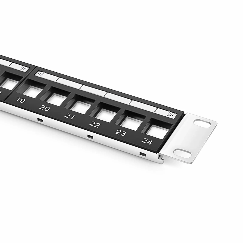 Refurb Squared Blank Shielded/UnShielded Patch Panel for Keystone Modules, 24-Port, 1RU, Cable Management Bar Included, Black