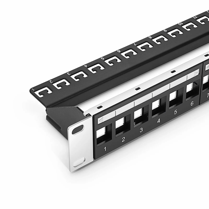 Refurb Squared Blank Shielded/UnShielded Patch Panel for Keystone Modules, 24-Port, 1RU, Cable Management Bar Included, Black