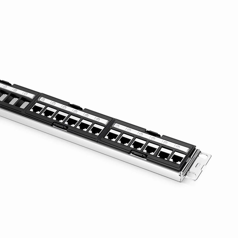 Refurb Squared FDMP Cat6 Shielded Coupler Recessed Patch Panel, 24-Port, 1RU, Cable Management Bar Included