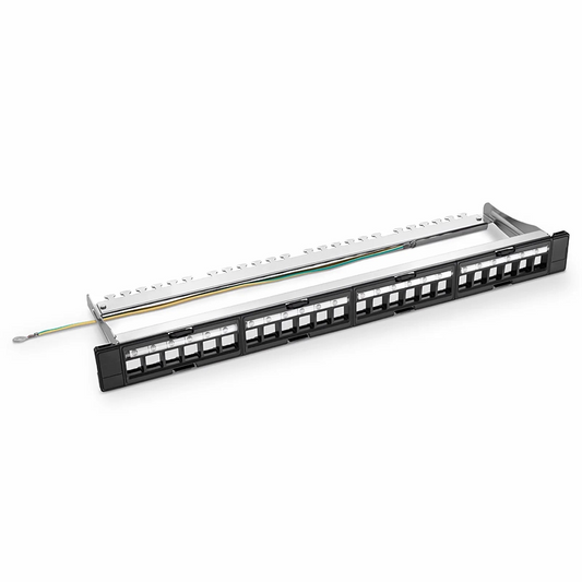 Refurb Squared FDMP Blank Shielded/UnShielded Recessed Patch Panel for Keystone Modules, 24-Port, 1RU, Cable Management Bar Included, Black