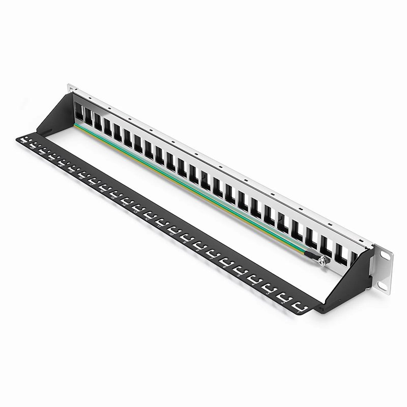 Refurb Squared Blank Shielded/UnShielded Patch Panel for Keystone Modules, 24-Port, 1RU, Cable Management Bar Included, Black