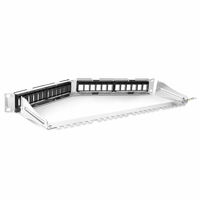 Refurb Squared FDMP Blank Shielded/UnShielded Angled Recessed Patch Panel for Keystone Modules, 24-Port, 1RU, Cable Management Bar Included, Black