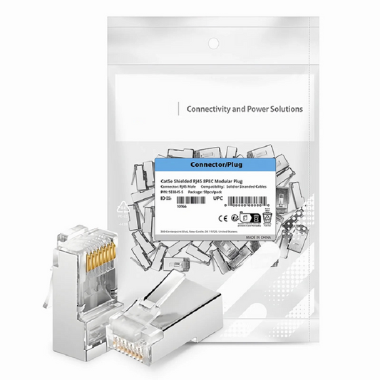 Refurb Squared Cat5e RJ45 Standard Modular Plugs, Shielded Network Connectors for 24~26AWG Twisted Pair Solid or Stranded Cable (50/Pack)